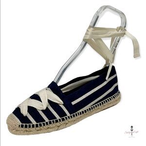 BETTYE MULLER Neiman Marcus Striped Navy Espadrille Flats Ankle Wrap Strap 6.5 7